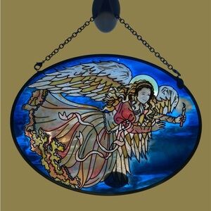 Amia Vintage Sun Catcher Angel Gabriel Hand Painted Blue Oval